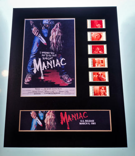 MANIAC 1981 Tom Savini 35mm Movie Film Cell Display 8x10 Presentation Horror